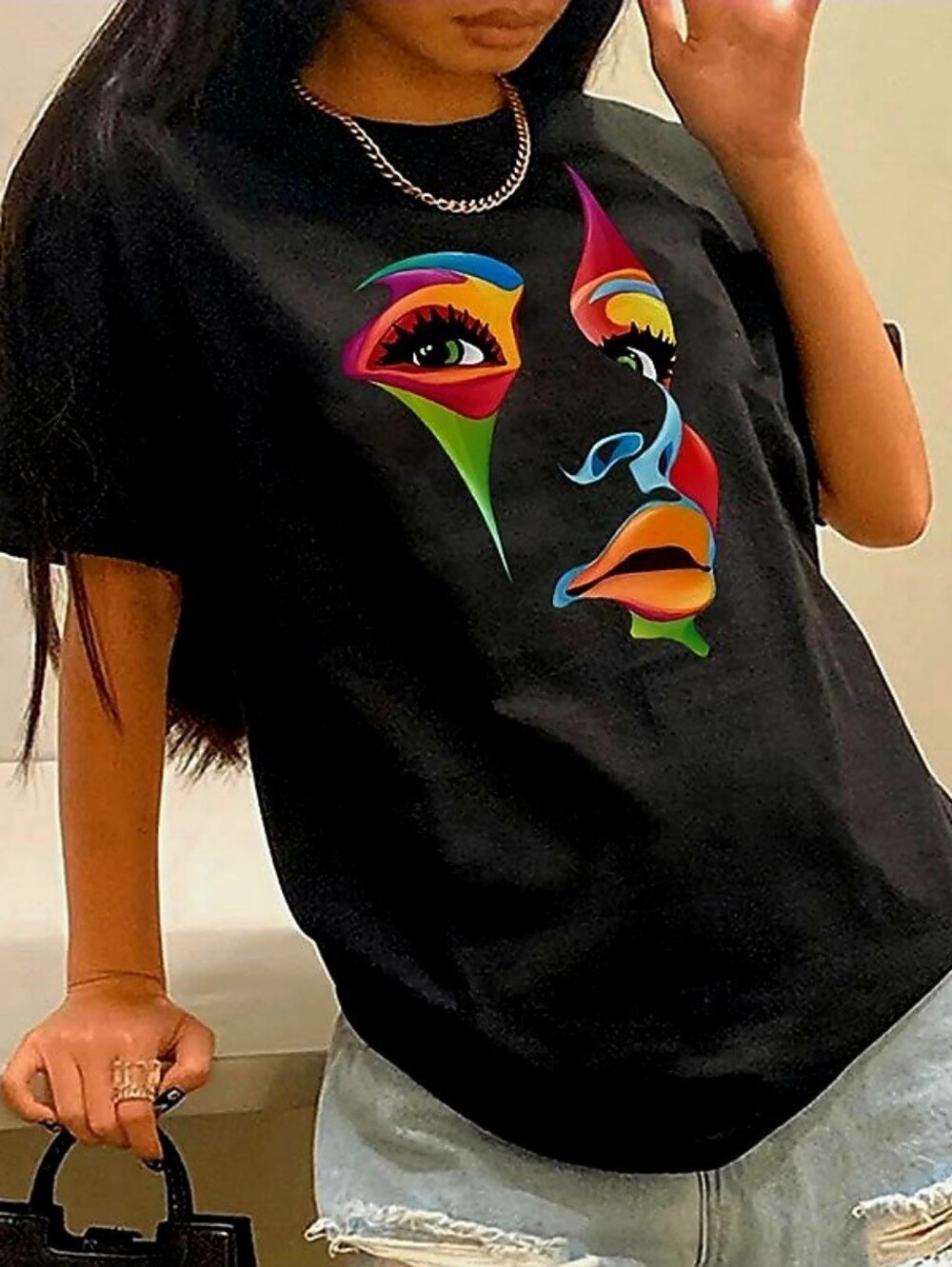 Black Graphic Tee with Colorful Abstract Face, Size XL, NWOT
