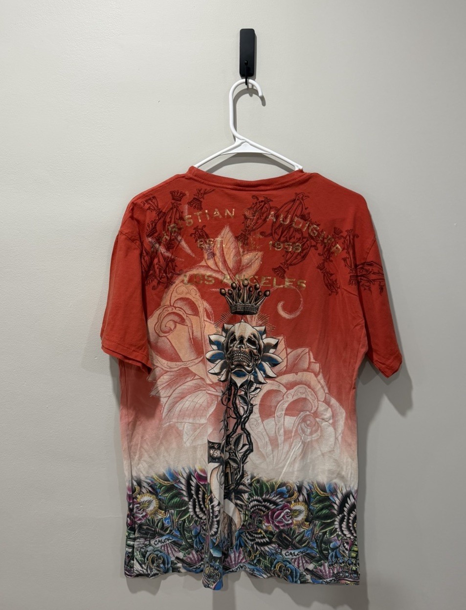 Vintage Christian Audigier AOP Rhinestone Grenade Wings T Shirt Mens Large