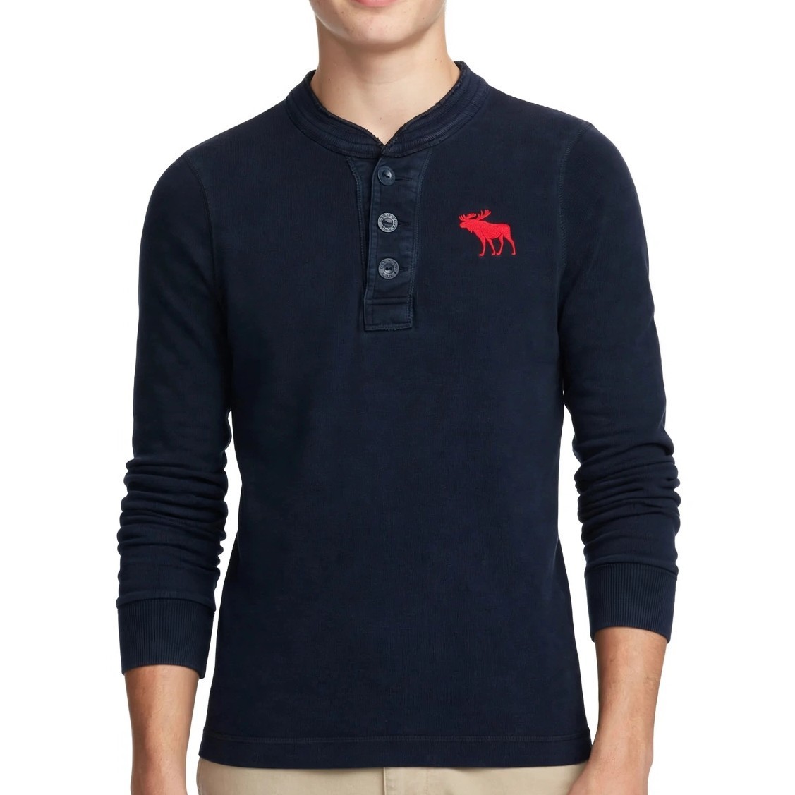 Abercrombie & Fitch Men Small Navy Blue Long Sleeve Henley Shirt Red Moose Logo