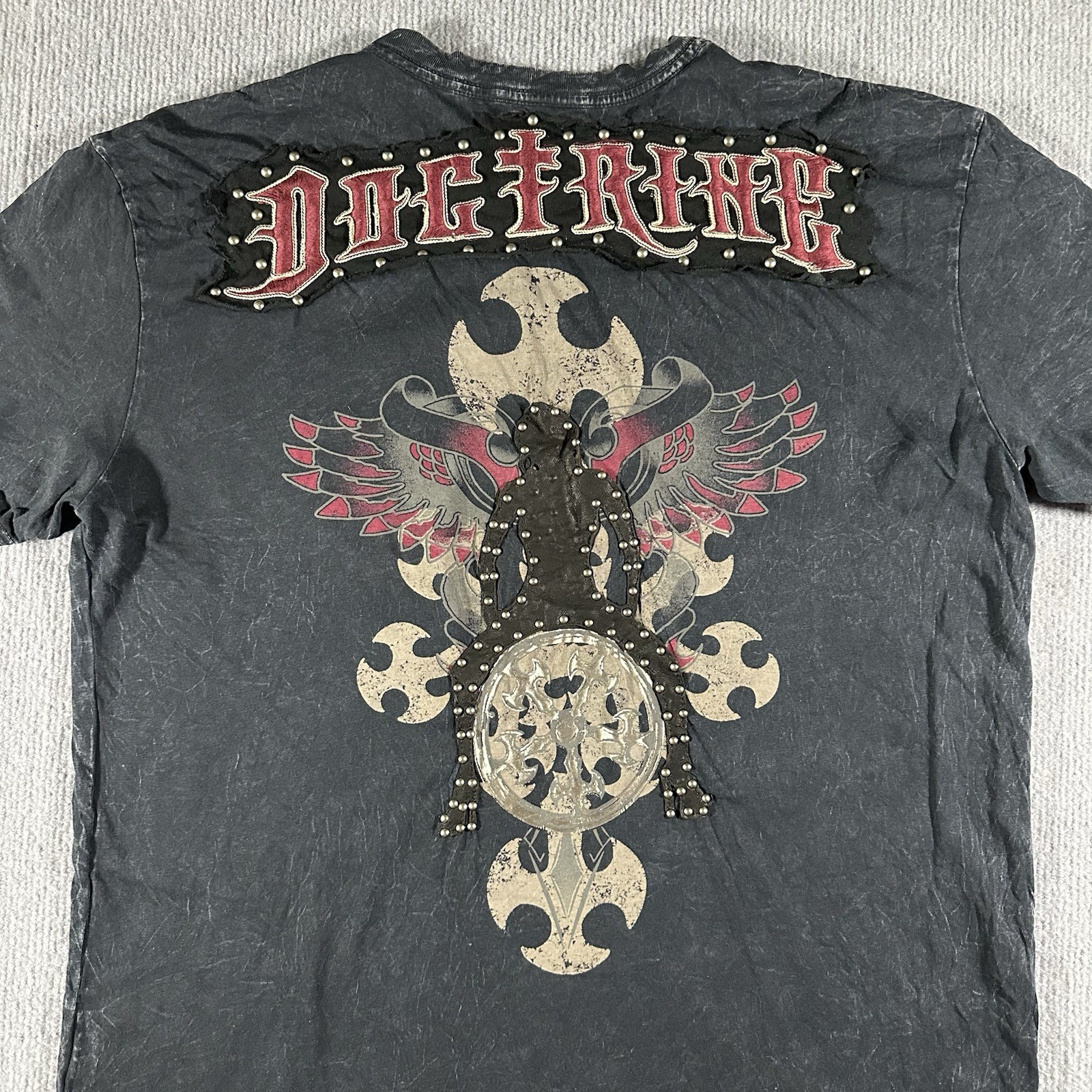 Doctrine Mens XL Distressed Black Studded Tee Shirt Embroidered Sexy Woman