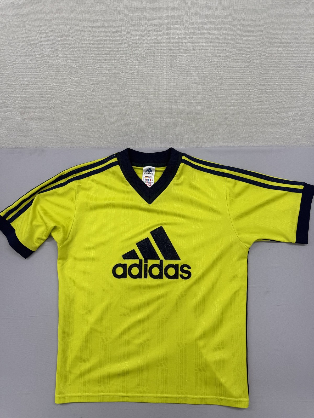 Adidas Yellow Stripe Soccer Jersey L Short Sleeve V Neck 3-Stripes Unisex