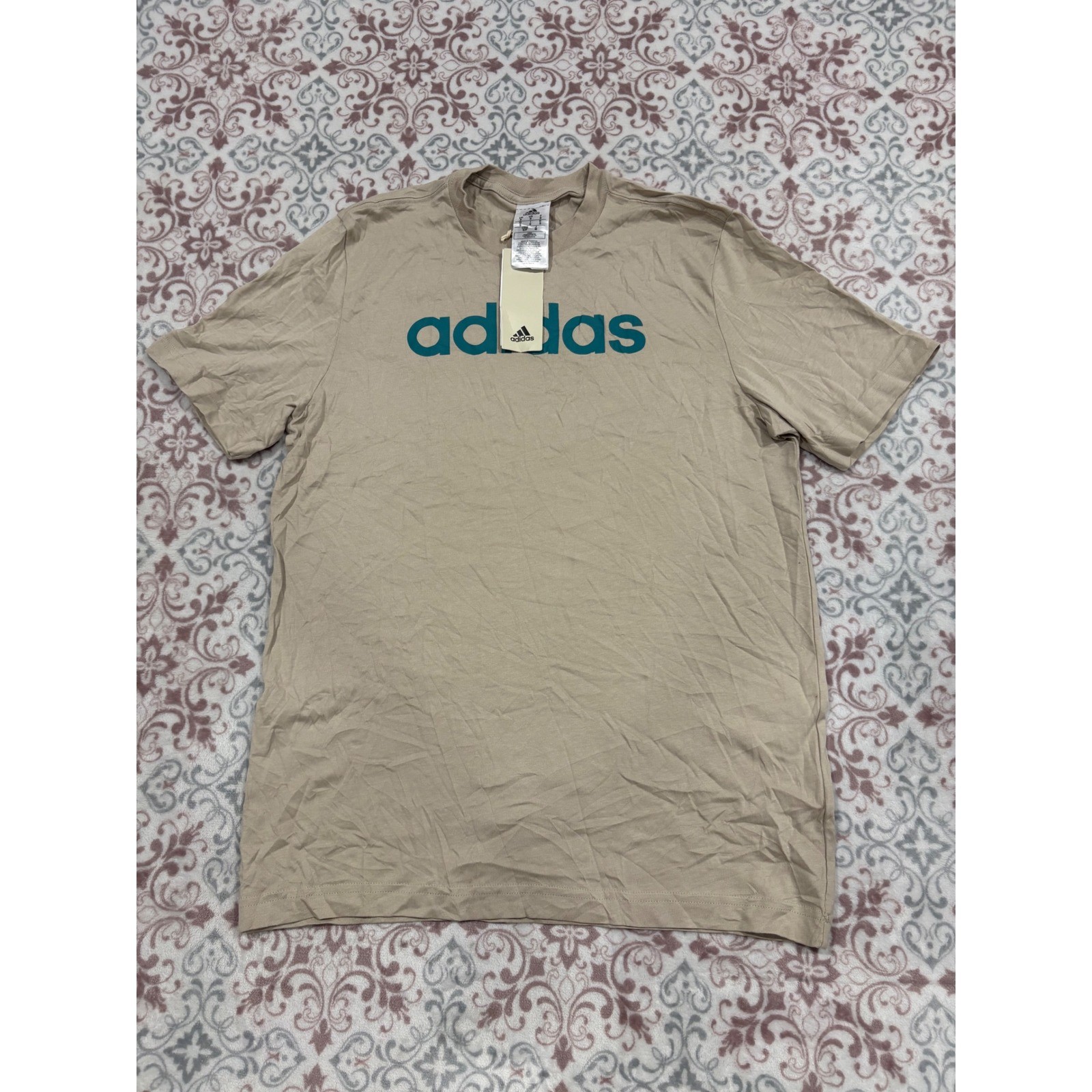 Adidas Mens Essentials Linear Logo T-Shirt Wonder Beige Teal IJ8652 Size S NEW