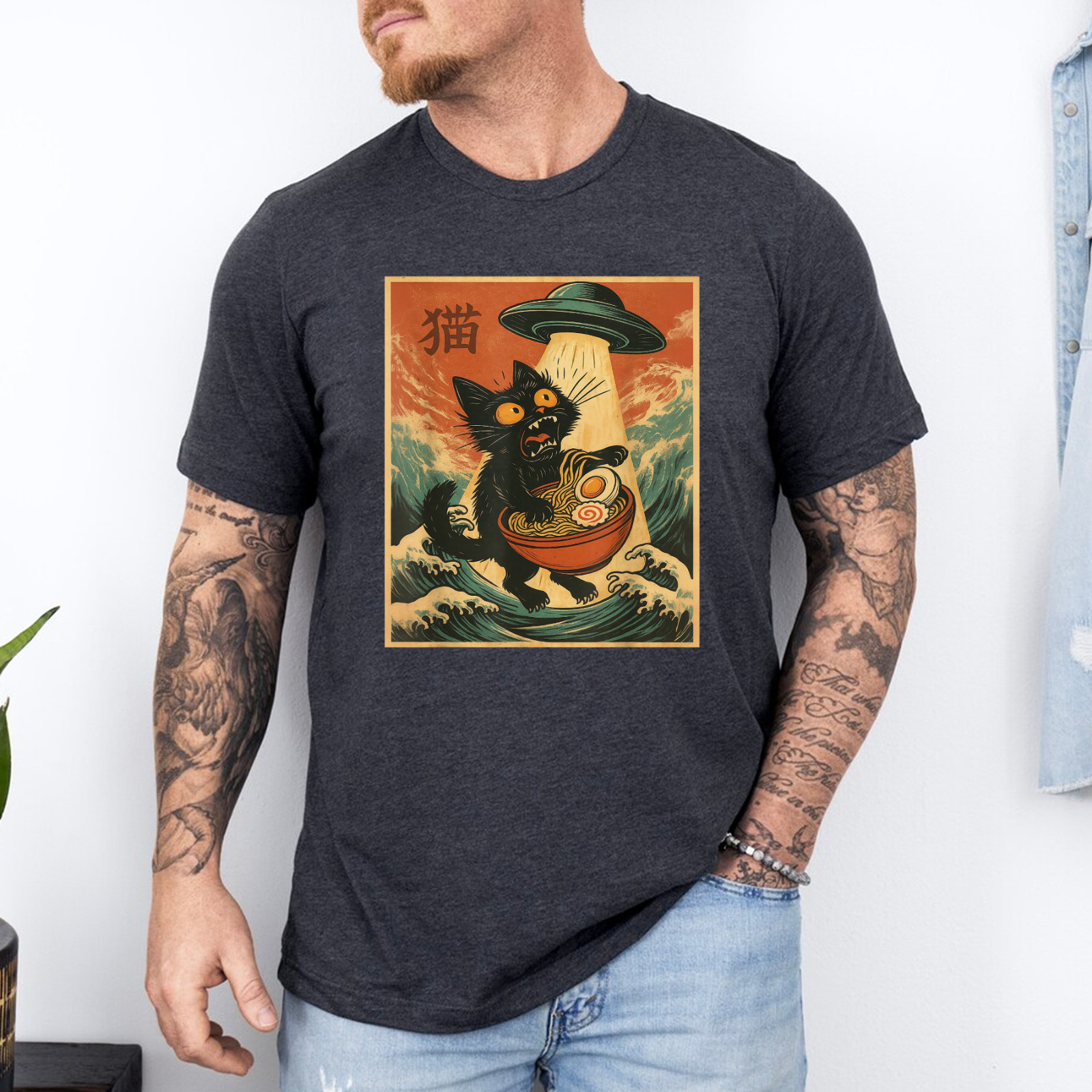 Cat Ramen UFO Funny Japanese Anime Tee Men Women Teens T-Shirt