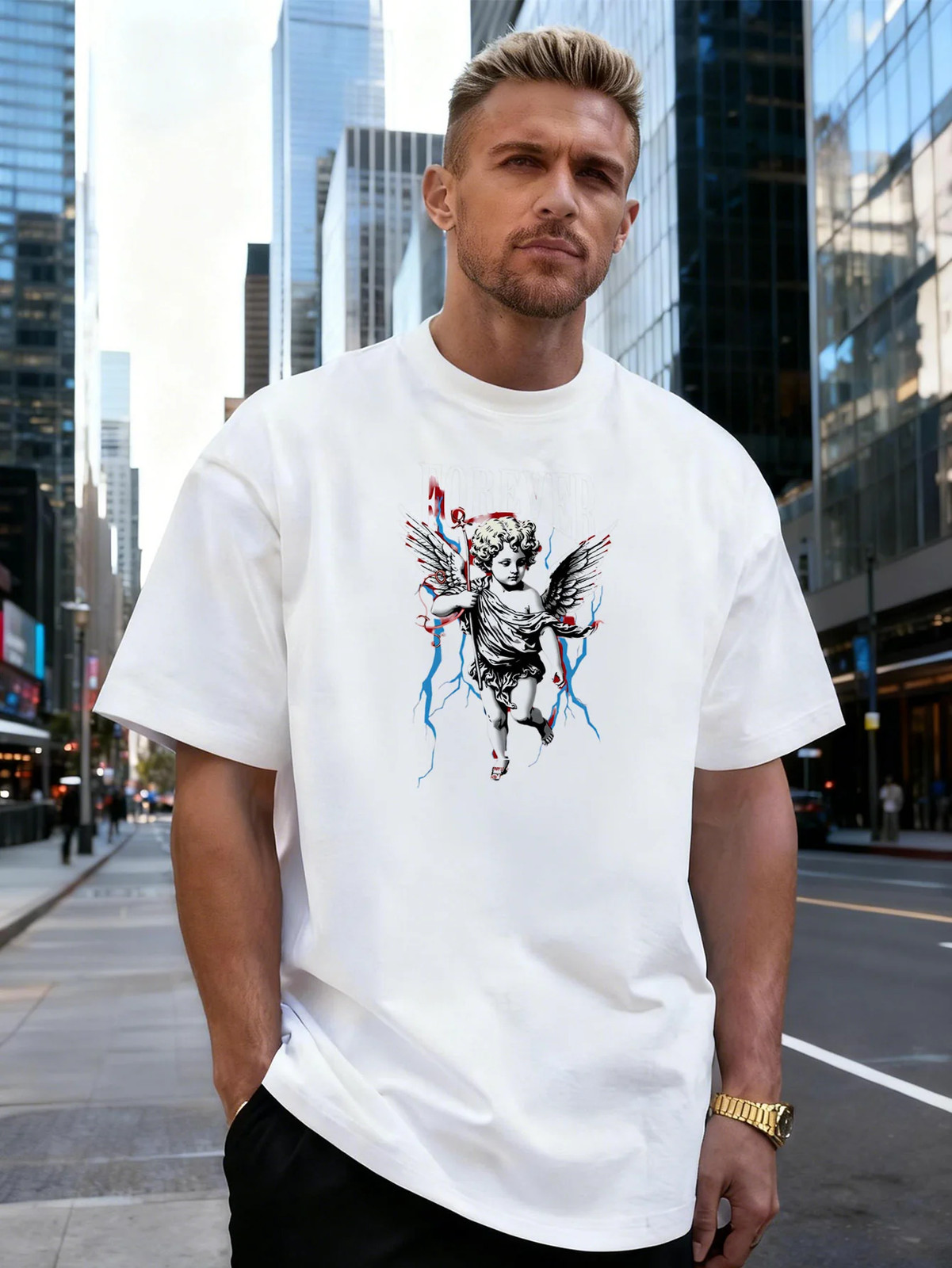 Angel Lightning Graphic 100% Cotton Men’s T-Shirt, Suitable for Daily Streetwear