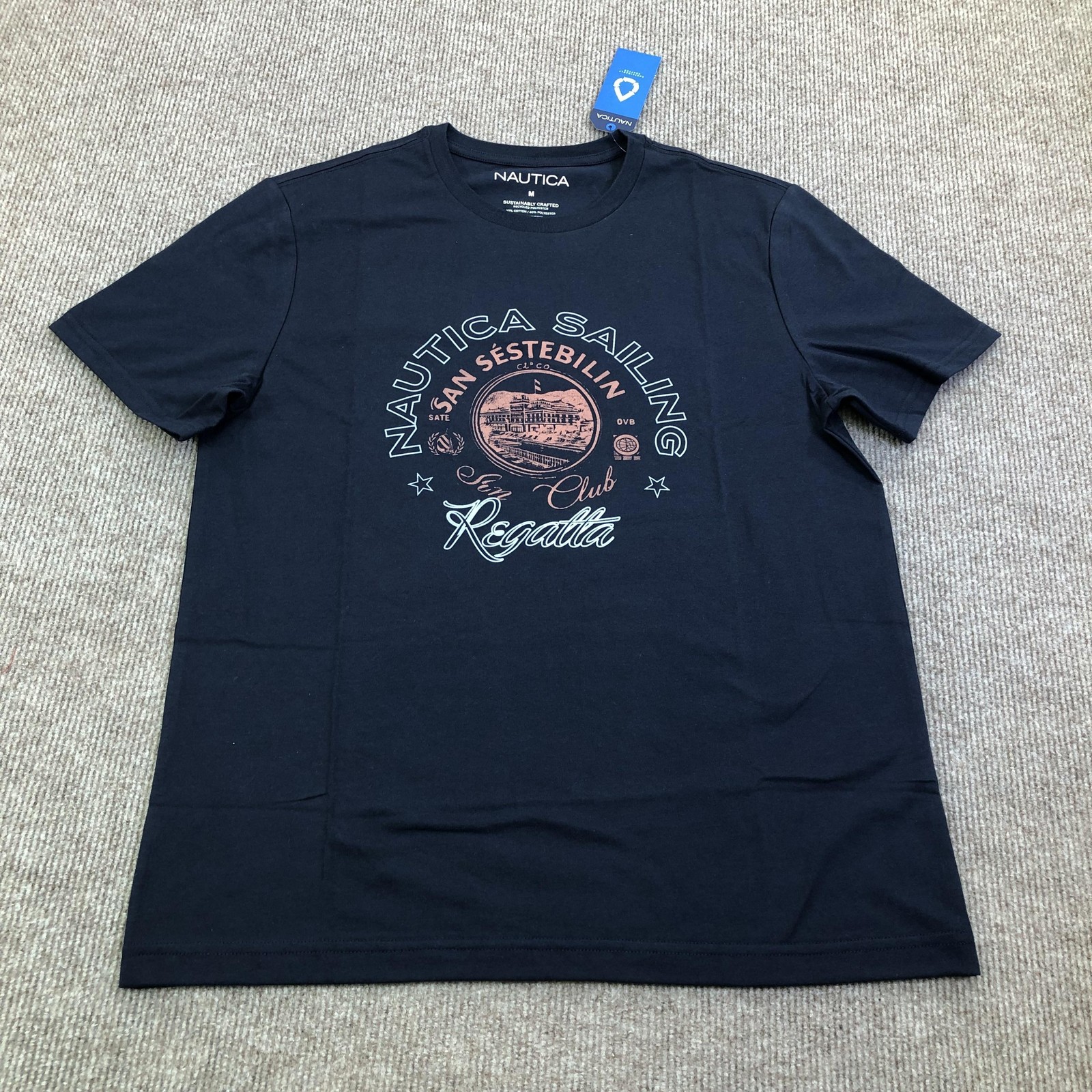 Nautica Shirt Mens Medium Navy Blue Sailing Regatta Graphic Tee Tagless Nautical