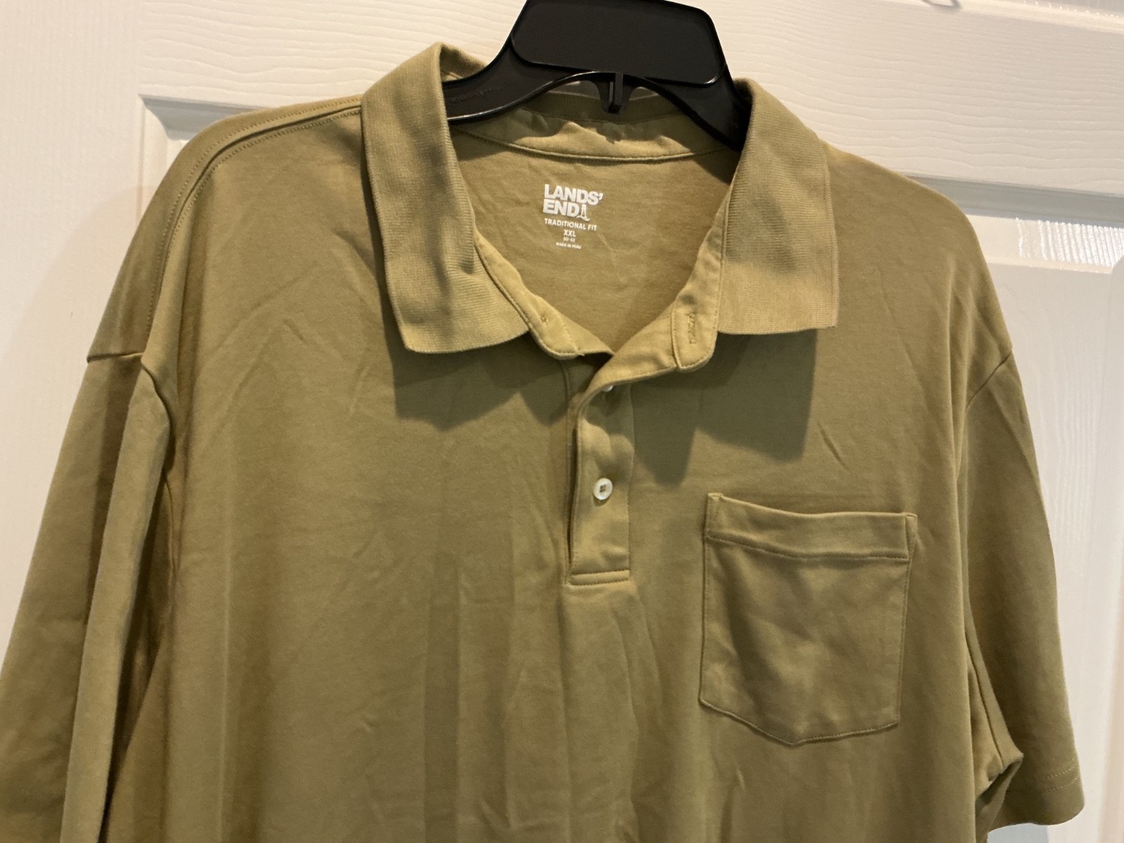 LANDS’ END Men’s Olive Green T Shirt pocket traditional fit 3 buttons XXL NWOT