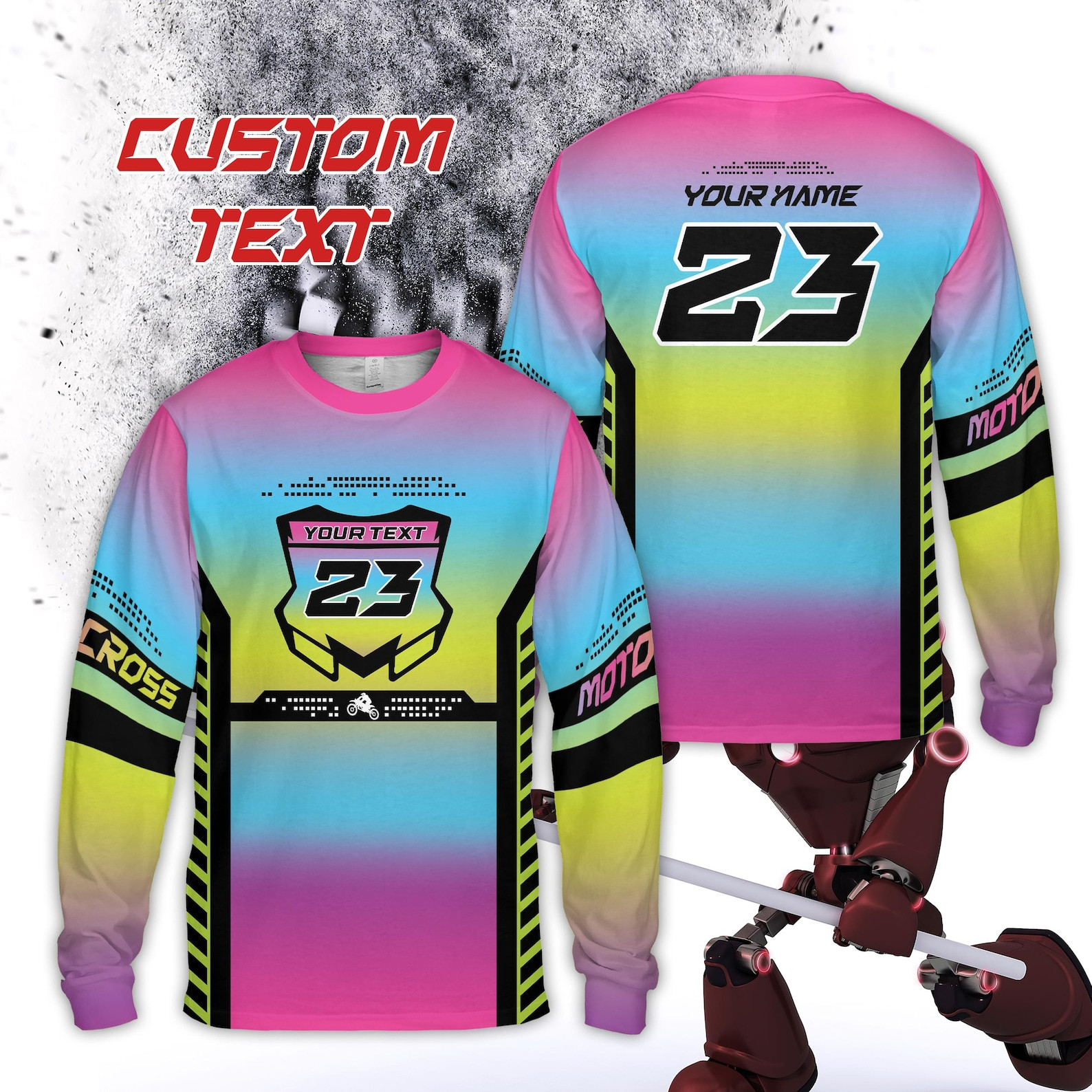 Personalized Neon Motocross Long Sleeve Shirt, Custom Rider Name Number