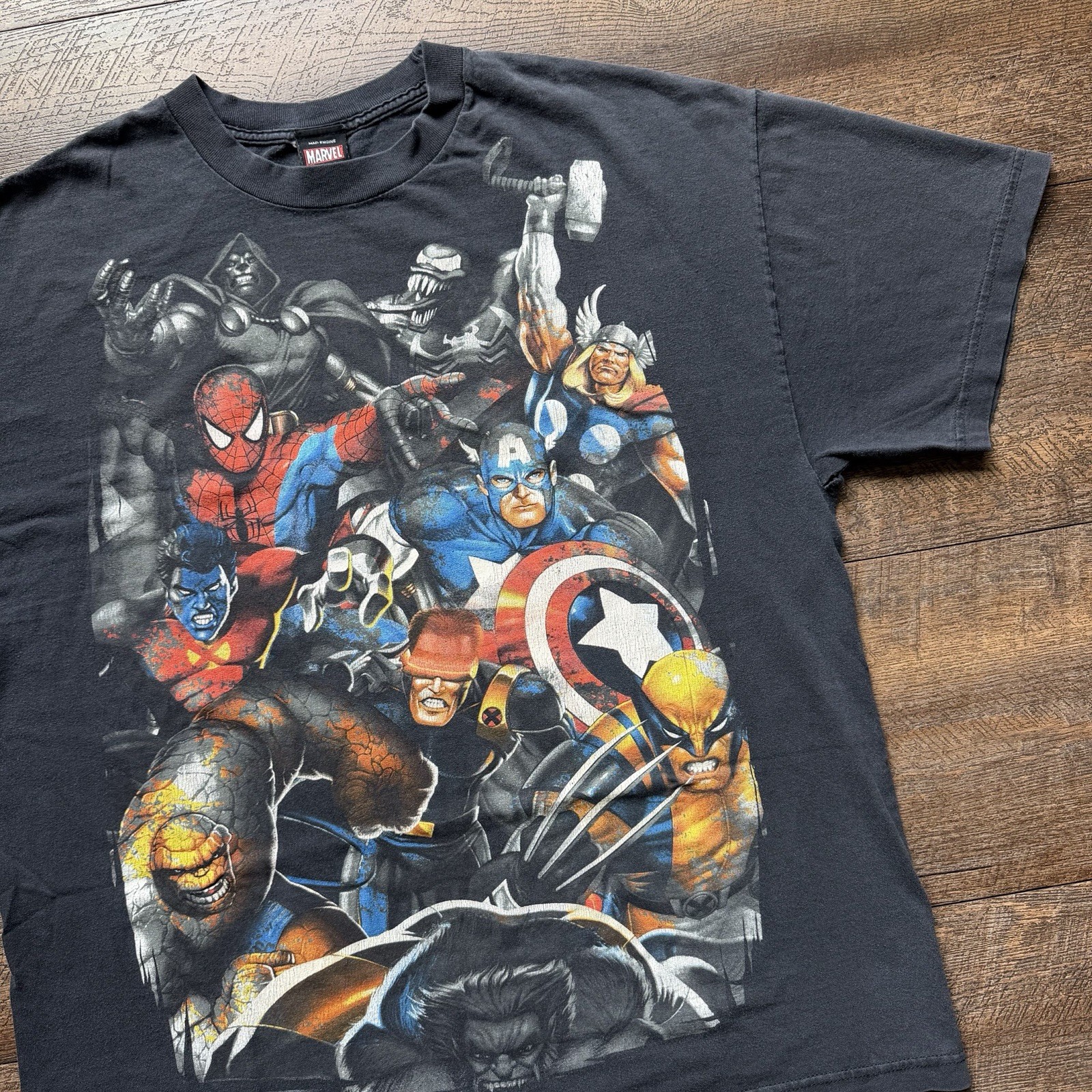 Vintage Y2K Mens XL Black Mad Engine x Marvel Characters Faded Worn Comic Tee