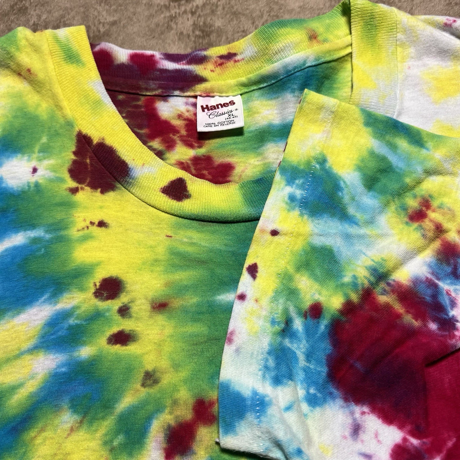 Vintage Hanes Single Stitch Tie Dye T Shirt Size XL Rainbow Swirl Blank 90s