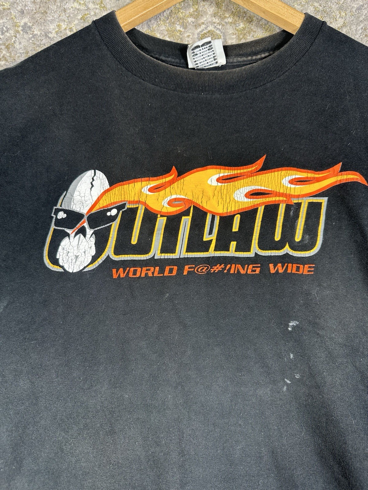 Vtg Outlaw USA Flaming Logo T Shirt Large Y2K Streetwear World F@#%!ng Wide