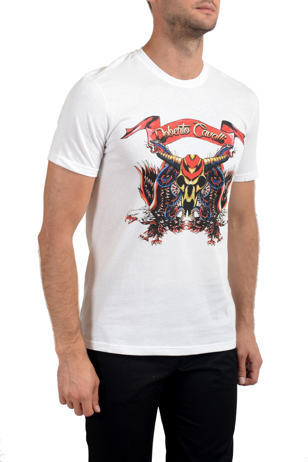 Roberto Cavalli Men’s White Graphic Print Crewneck T-Shirt US 2XL IT 56