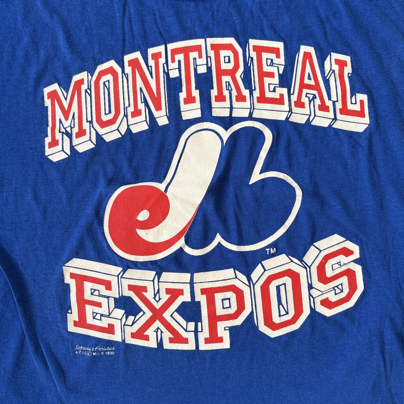 Vintage 1990 Montréal Expos Baseball T-Shirt, MLB Baseball Expos Tee Med Blue