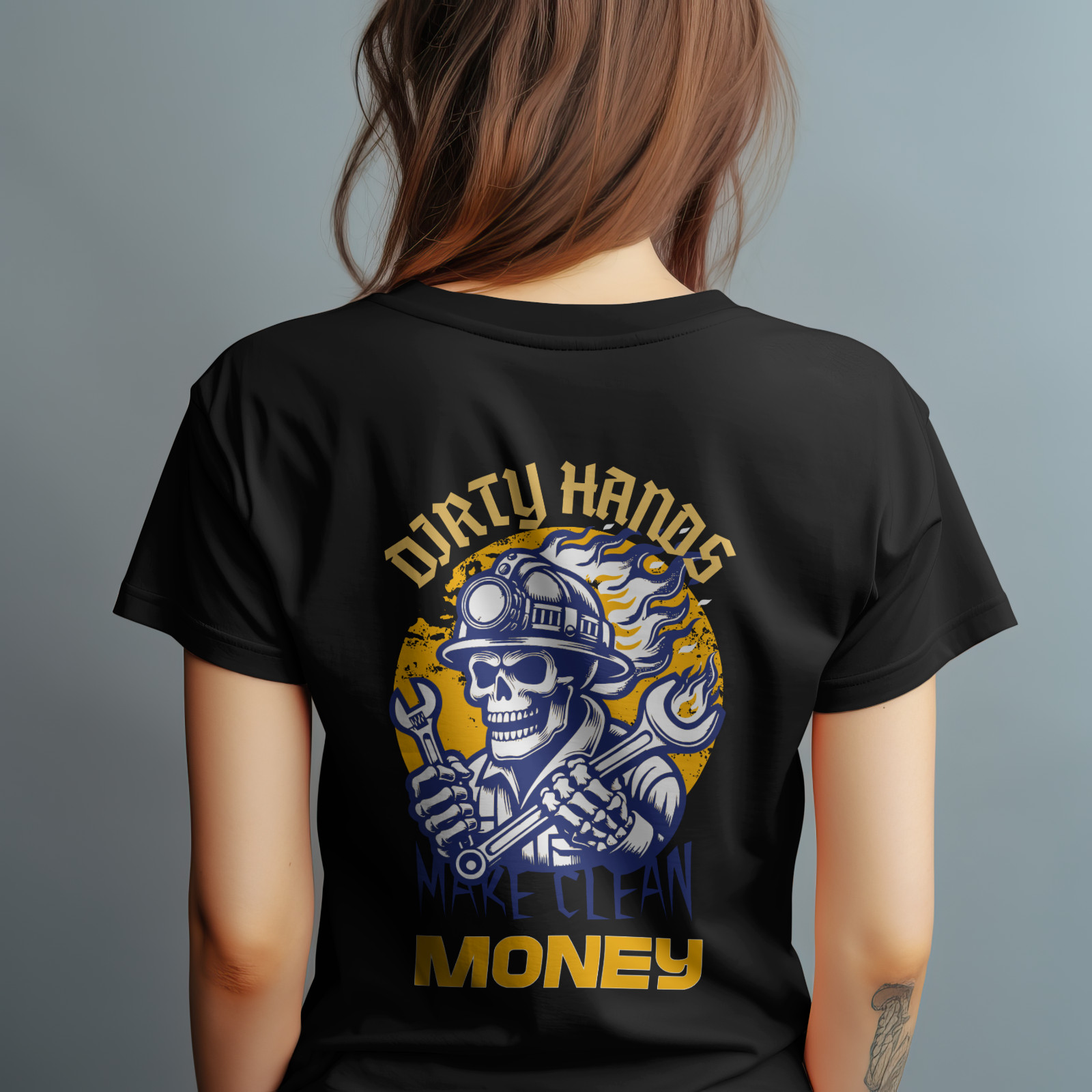 Dirty Hands Make Clean Money Shirt Blue Collar Skull Worker Tee Back Print