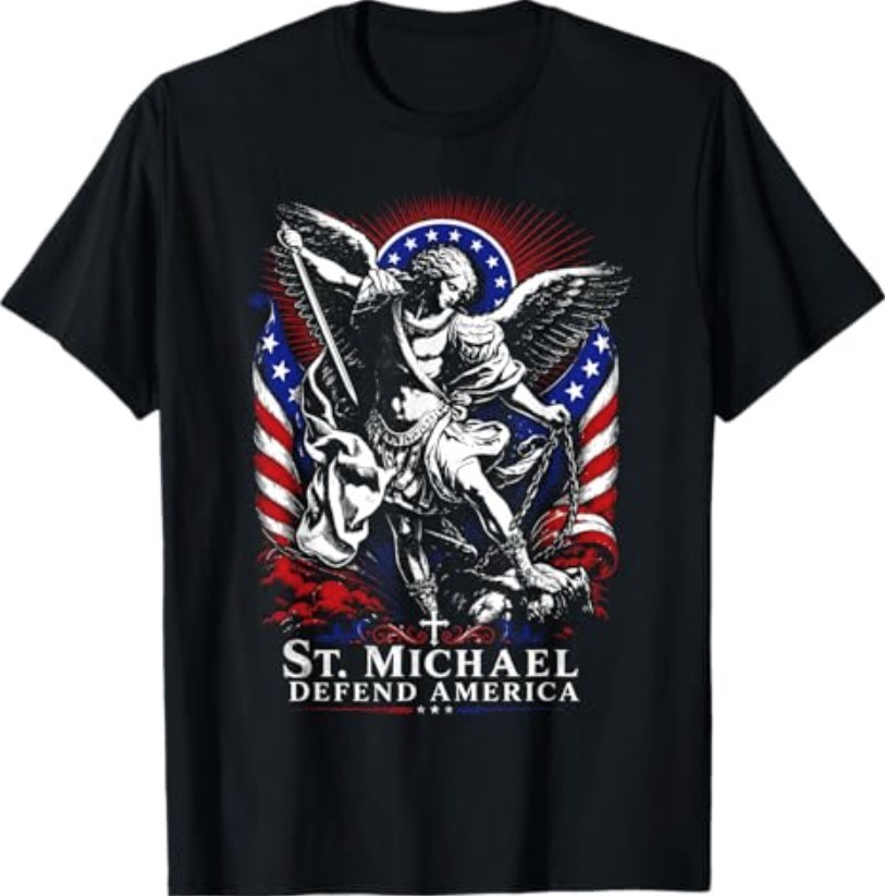 St. Michael Defend America Archangel Patriot USA Flag T-Shirt