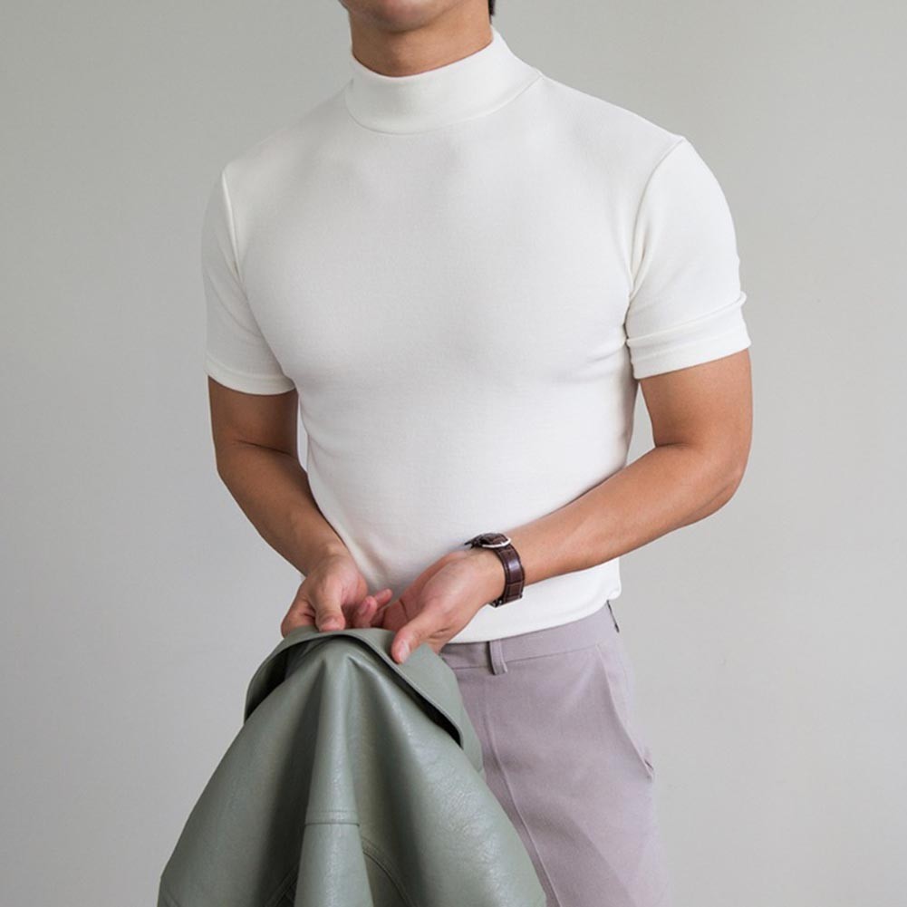 Men’s Business Casual T Shirt for Slim Fit Half High Neck Short Sleeve Solid
