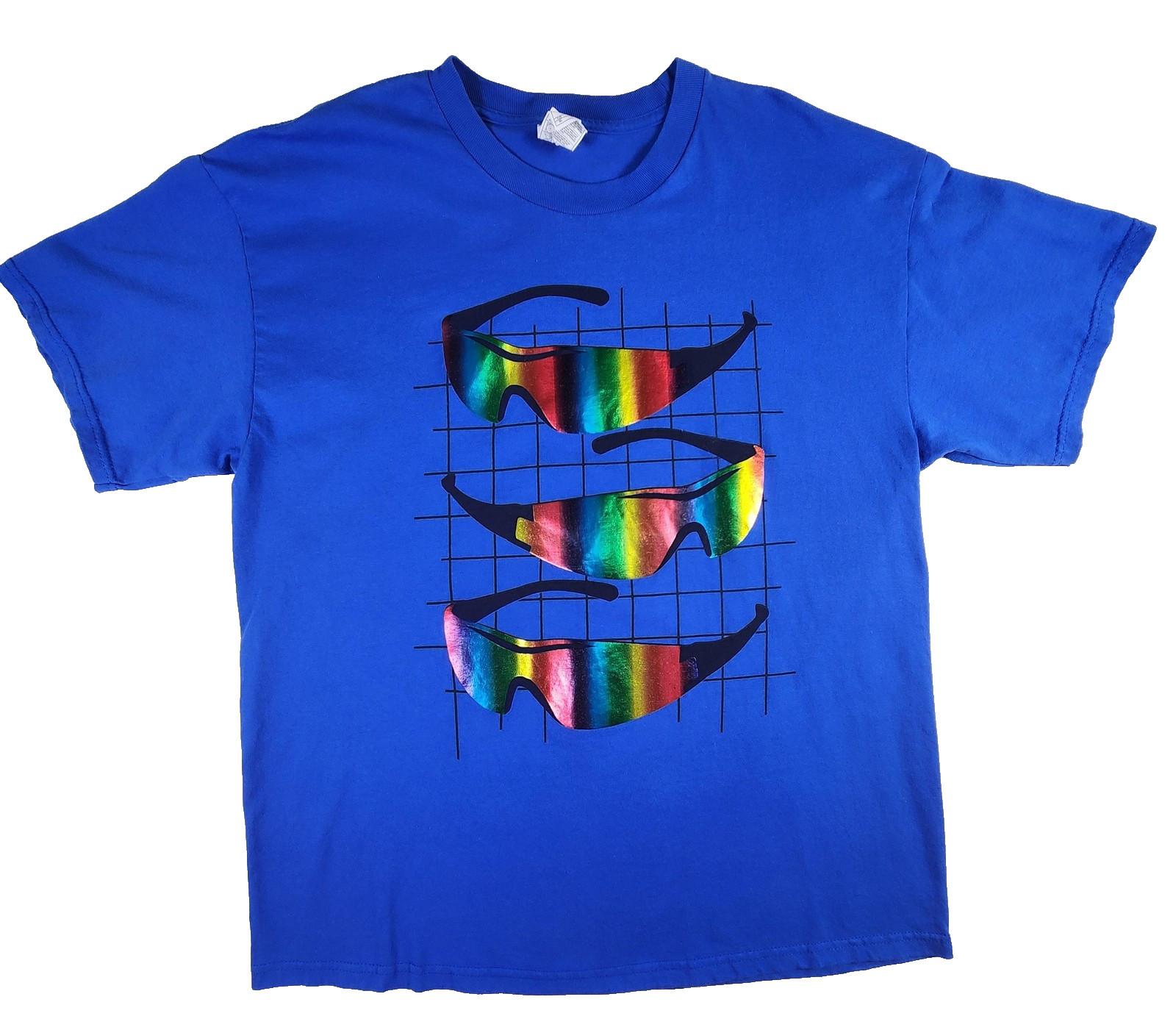 Rainbow Sunglasses Shirt Mens XL Blue Foil Holographic Graphic Alstyle AAA Tee