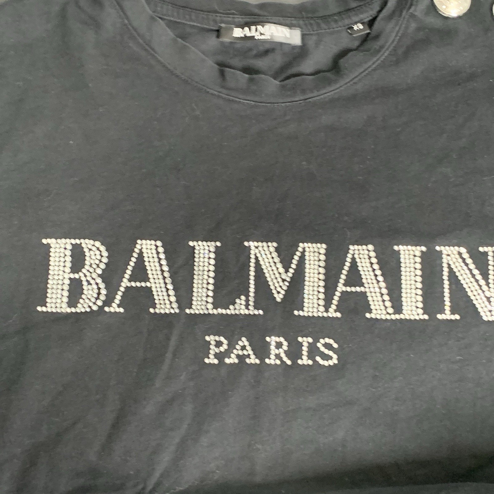 Balmain – Logo T Shirt Rhinestone Buttons – Black – Size: XS