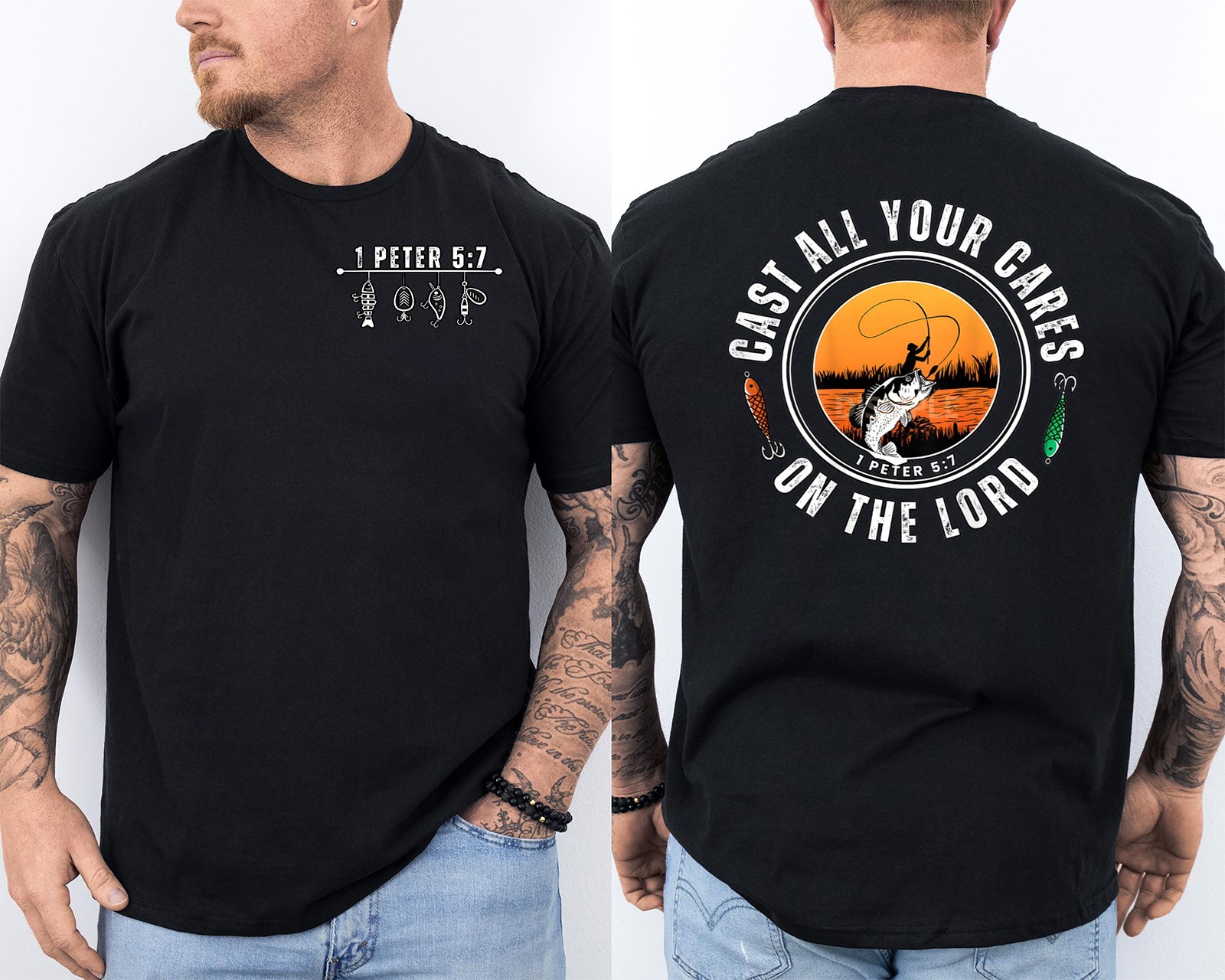 Cast All Your Cares On The Lord Christian Fishing Day Front & Back T-Shirt