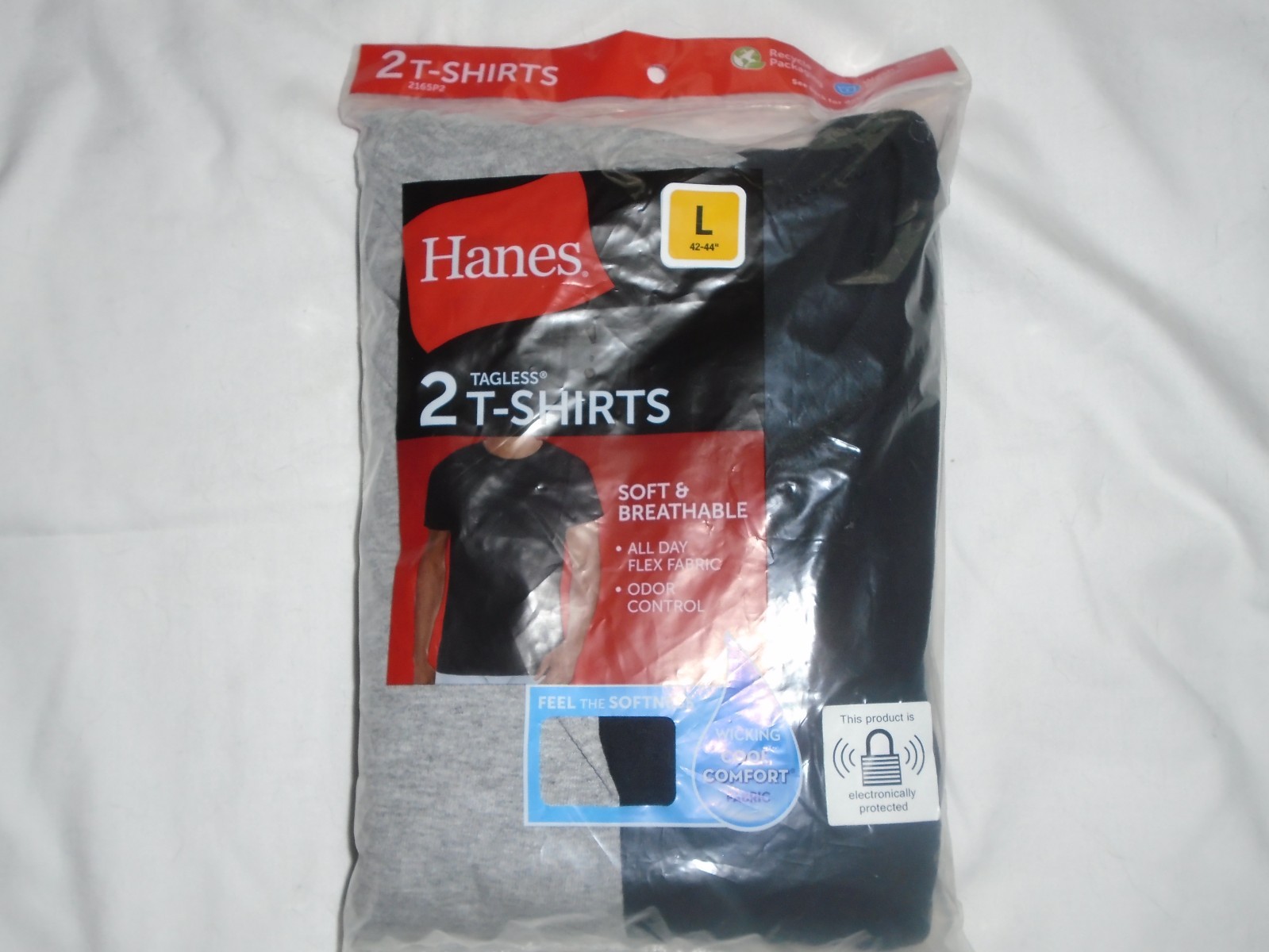 Hanes Men’s Tagless T-Shirts 2-Pack Black & Gray Size Large L 42-44″ – NEW