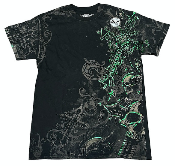 Rare MMA ELITE Black Green Foil Skulls Cross Short Sleeve Y2K T-shirt NWT