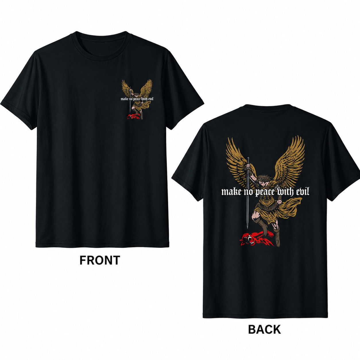 Make No Peace With Evil Angel Warrior Graphic Black T-Shirt