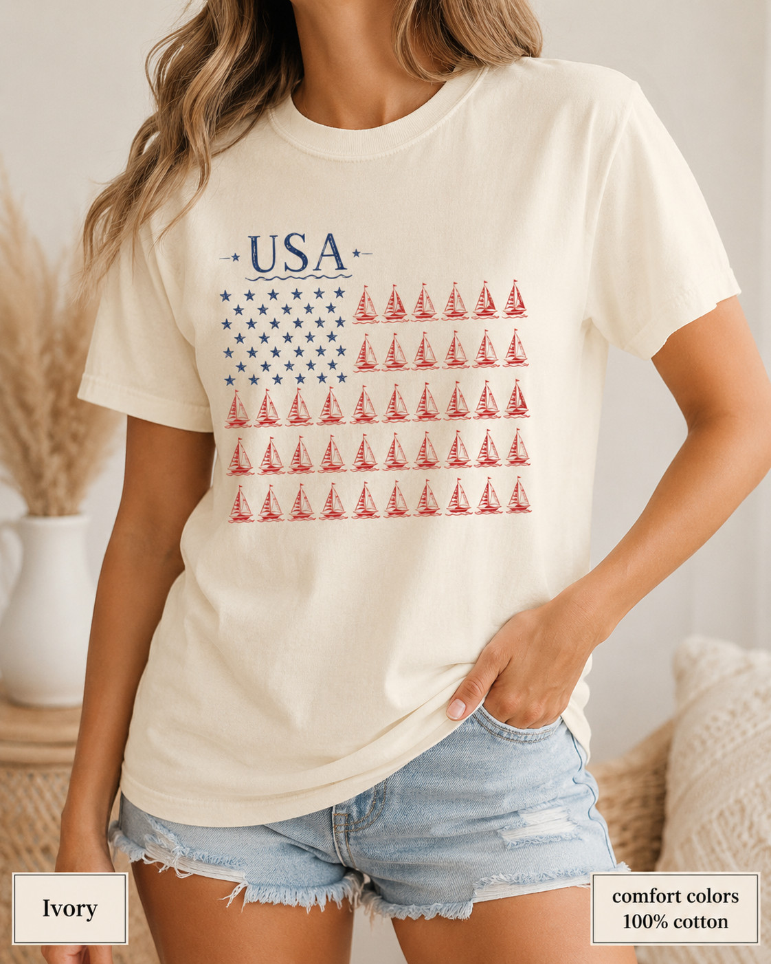 USA Sailboat Flag Comfort Colors Tee, Patriotic Coastal Fourth of July Shirt