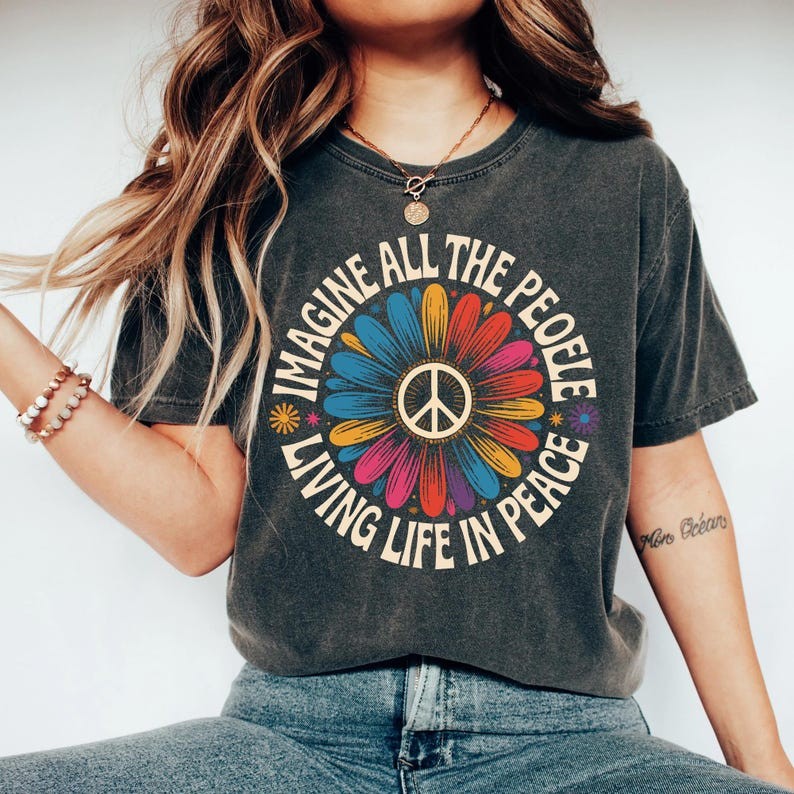 Imagine Peace T-Shirt | “Imagine All the People Living Life in Peace” | Floral D