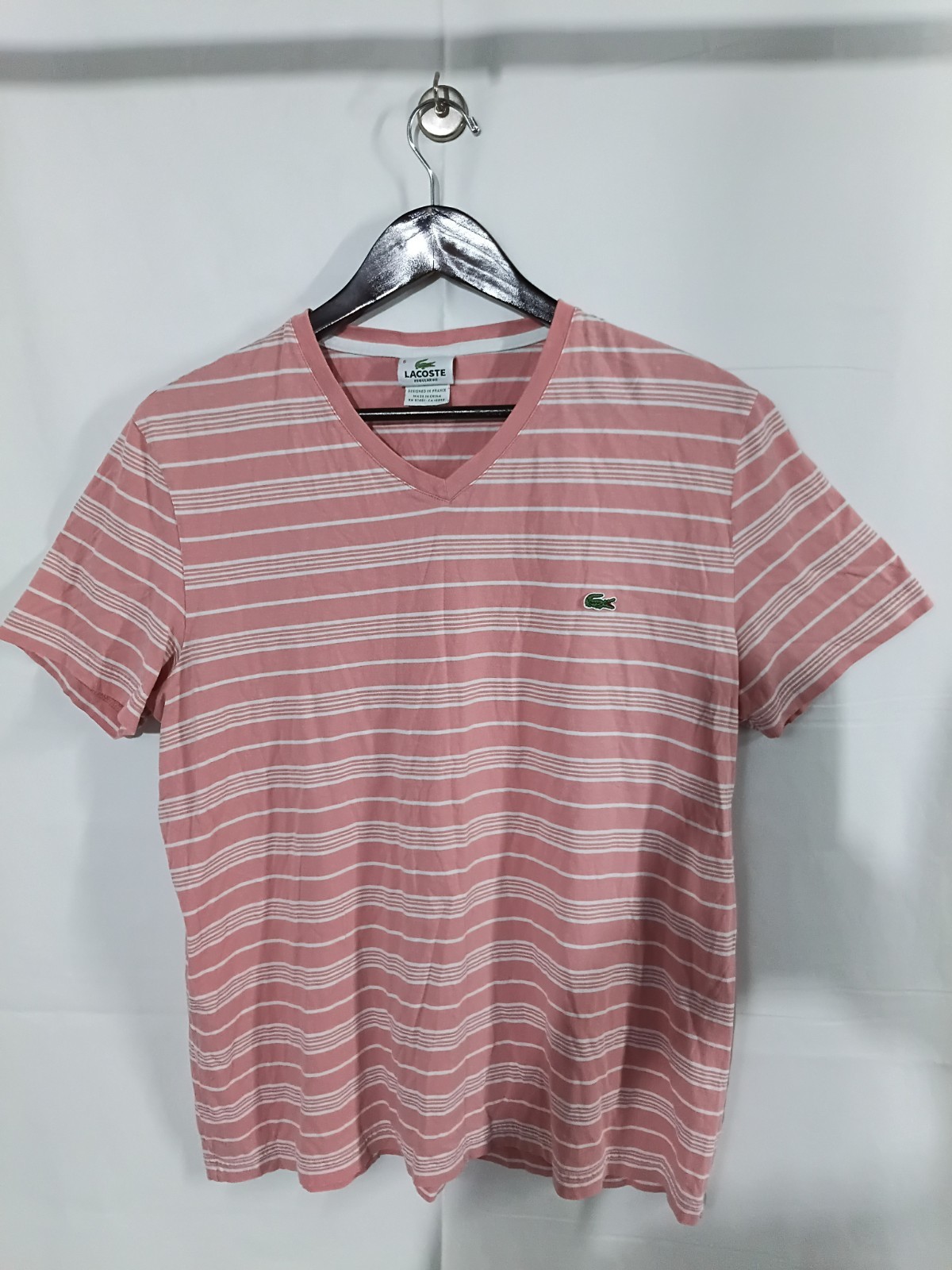 Lacoste Men’s Pink/White Striped V-Neck Short Sleeve T-Shirt Regular Fit 6
