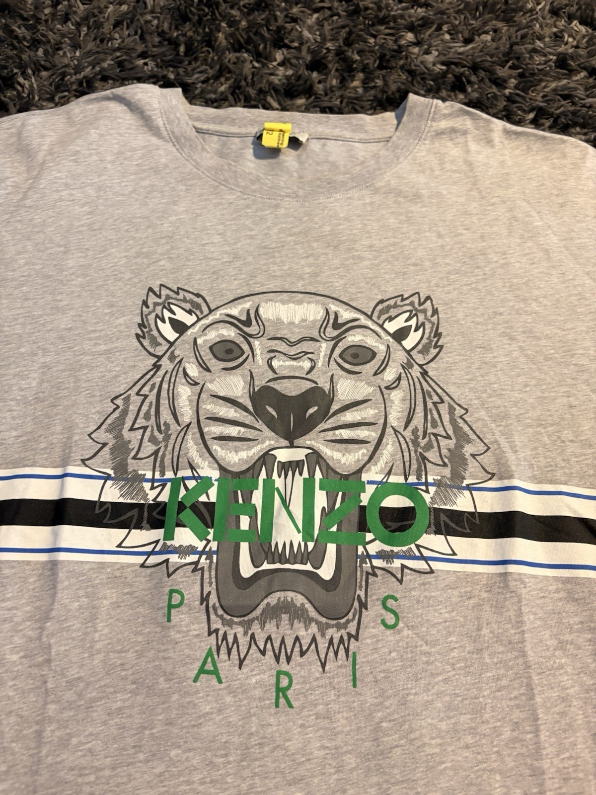 KENZO Men’s Gray Tiger Logo Graphic Print Crew Neck Short Sleeve Tee Cotton L