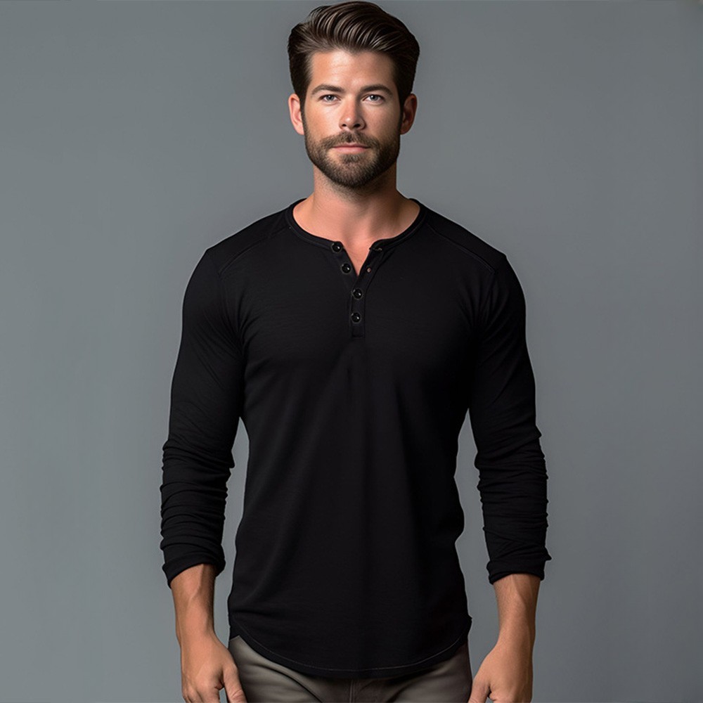 New Men’s Cotton Long Sleeve T-Shirt Slim Fit Button Neck Casual Fitness Tee