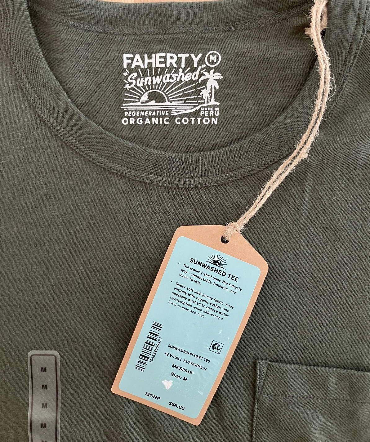 Faherty Men’s Sunwashed Pocket Short Sleeve T-Shirt Sz M NWT Fall Evergreen Fall