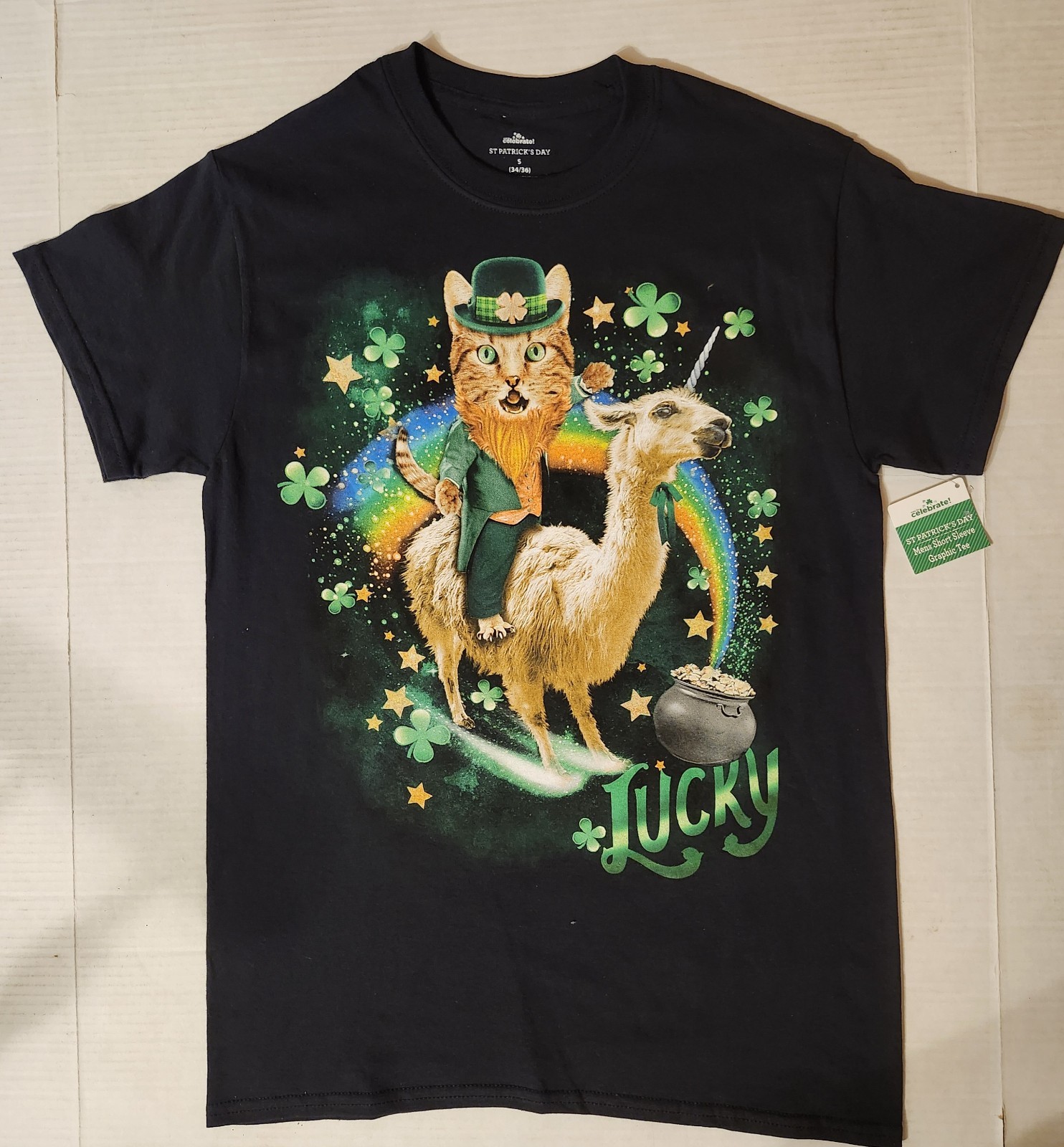 FREE Men’s Celebrate Black St Patrick’s Day LUCKY Cat Unicorn T Tee Shirt XL NWT