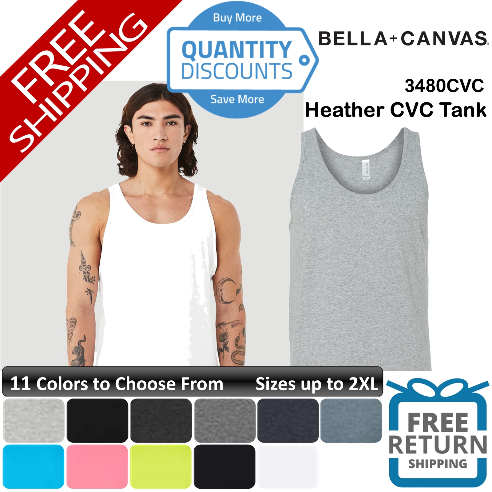 Bella + Canvas Men Heather Cvc Tank Top Shirt Ring-spun Blend Up To 2XL 3480cvc