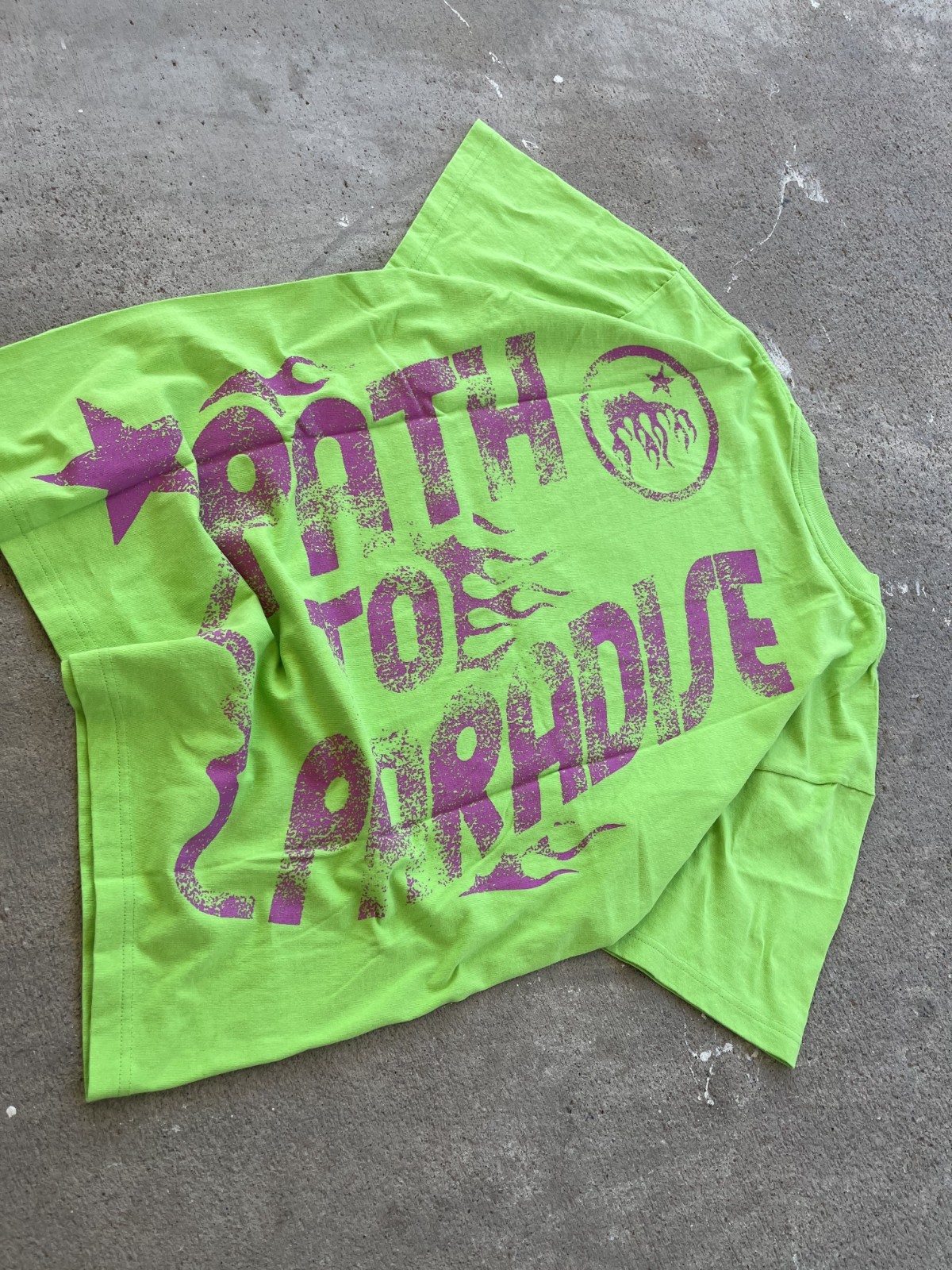 Hellstar Studios Path To Paradise Jesus Tee Neon Green Purple Pink Splat Cross