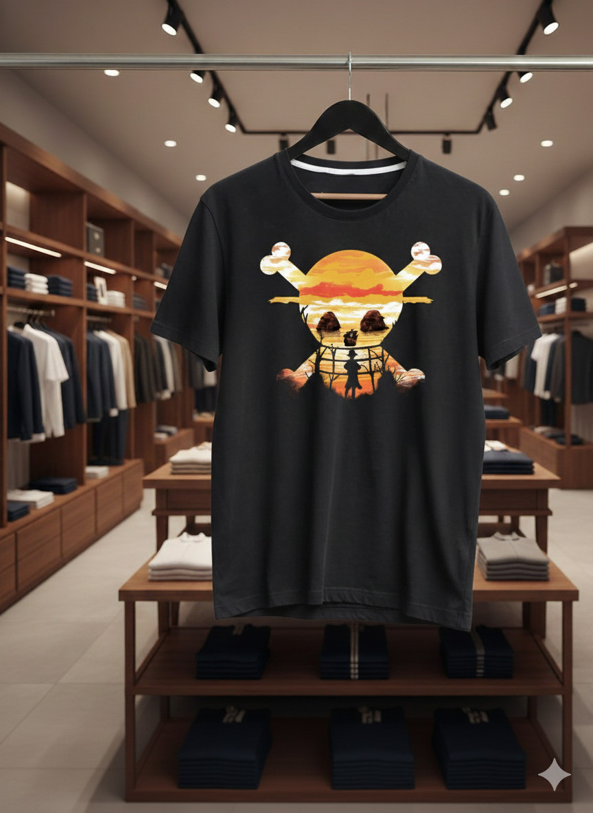 One Piece Skull Sunset Graphic T-Shirt Black Anime Pirate Luffy Style – T719