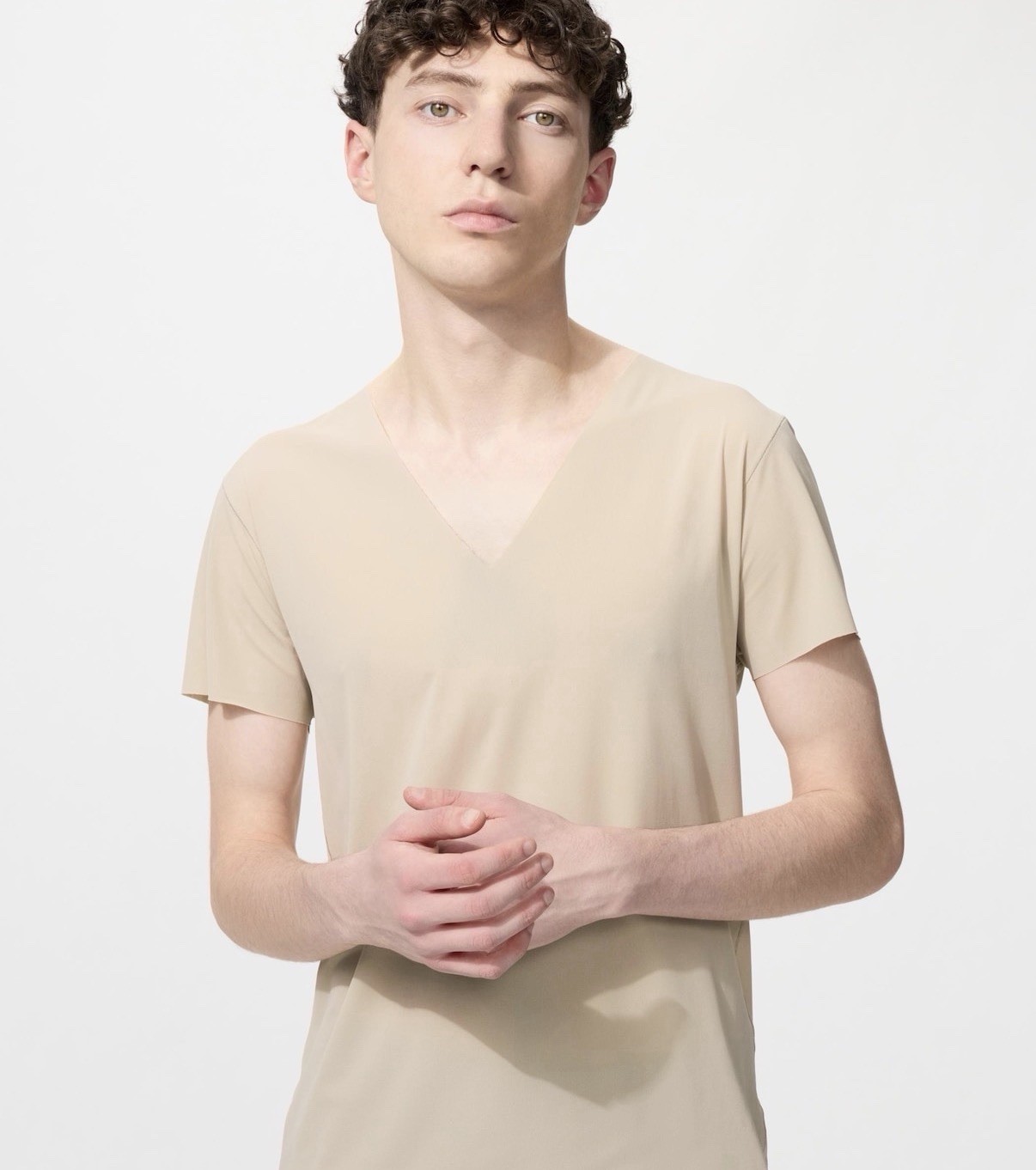 UNIQLO Micro Mesh Anti-Odor V-Neck T-Shirt AIRism Beige XL MEN New Sold Out