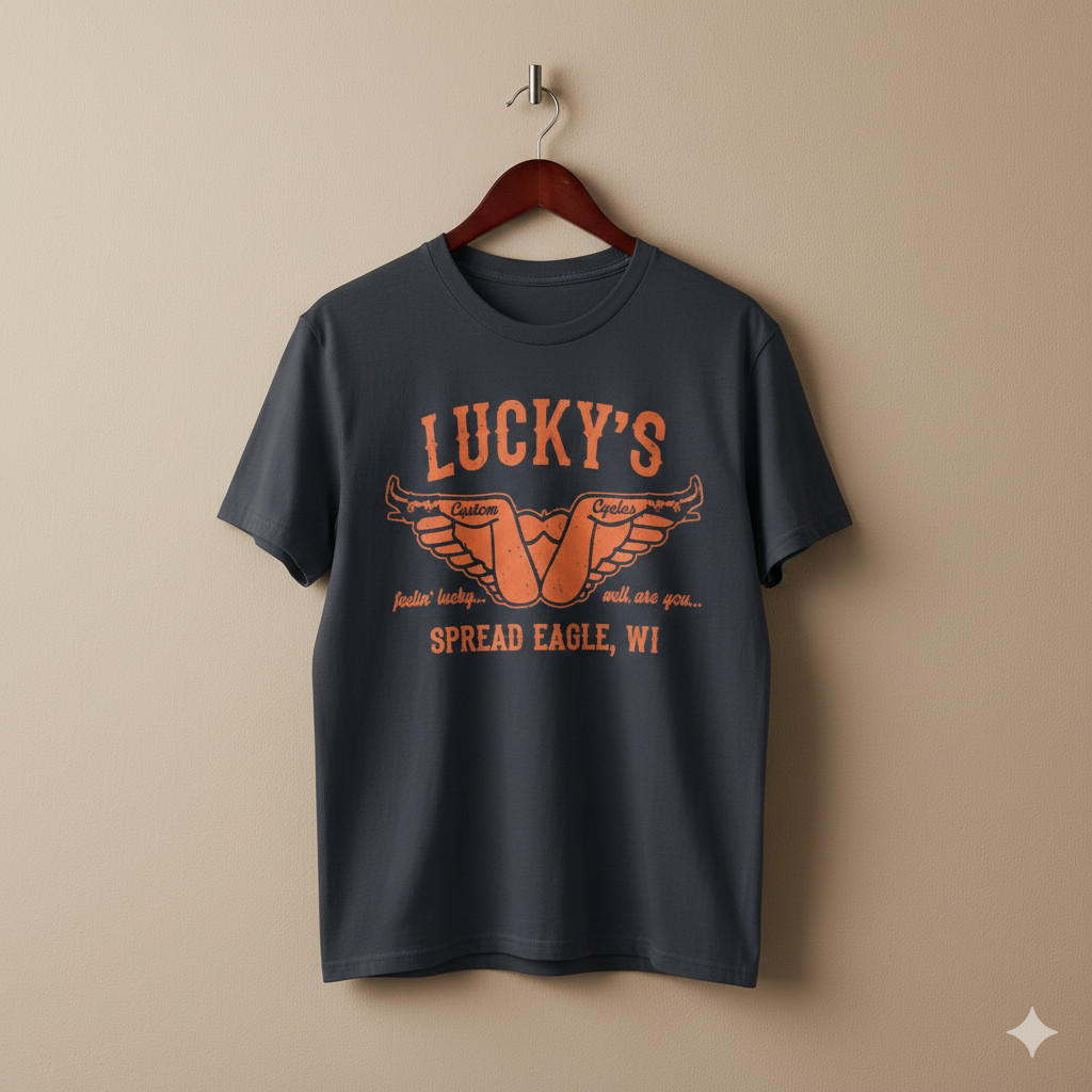 Lucky’s Custom Cycles Spread Eagle WI Biker Graphic Black T-Shirt – S401