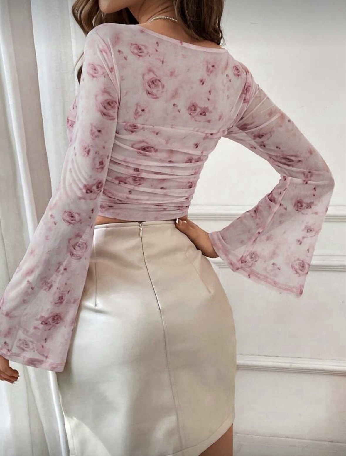 Elegant Flower Print Square Neck Flare Sleeve Ruffle Hem Handkerchief T-Shirt