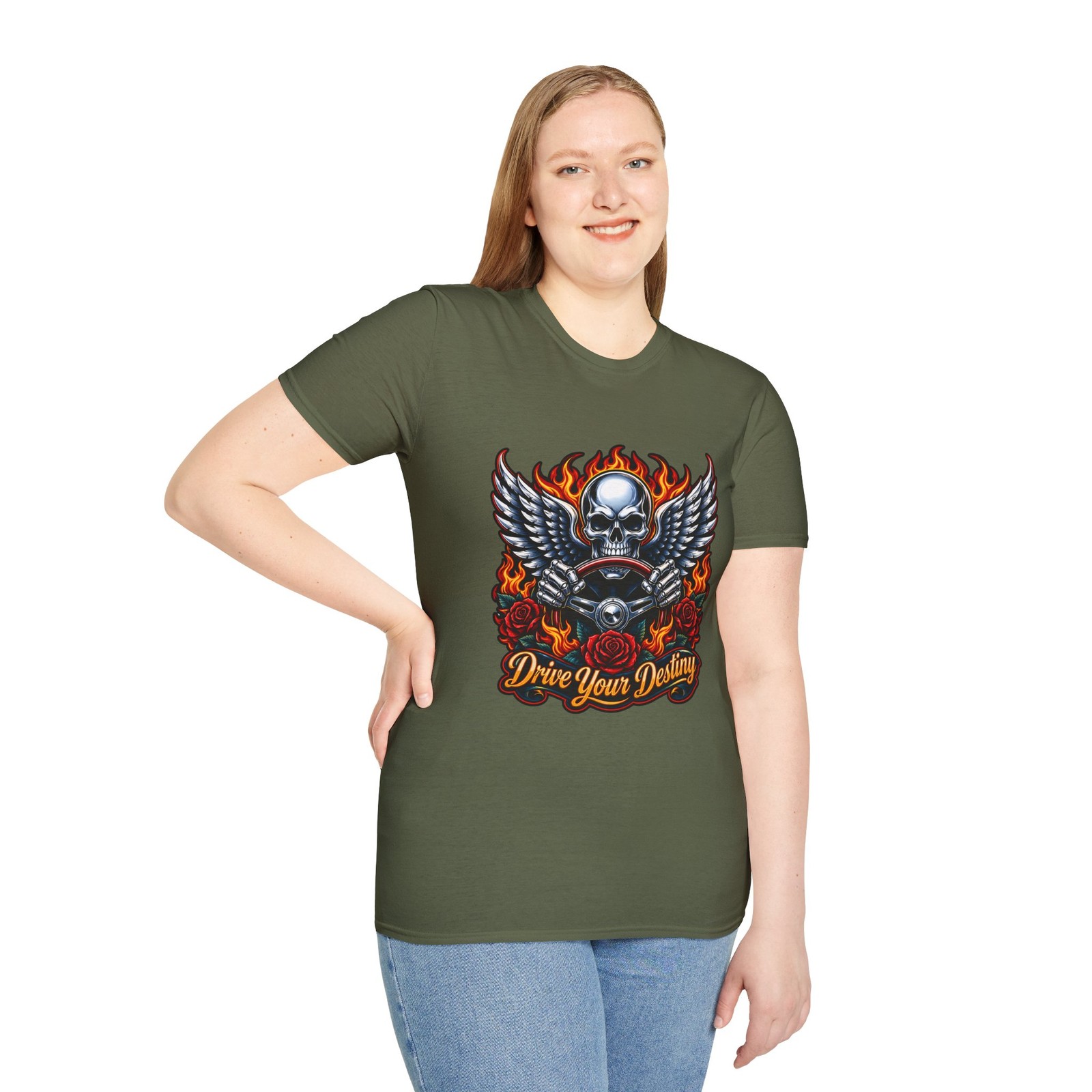 Chrome Skull Steering Wheel Angel Wings Flames Unisex Softstyle T-Shirt