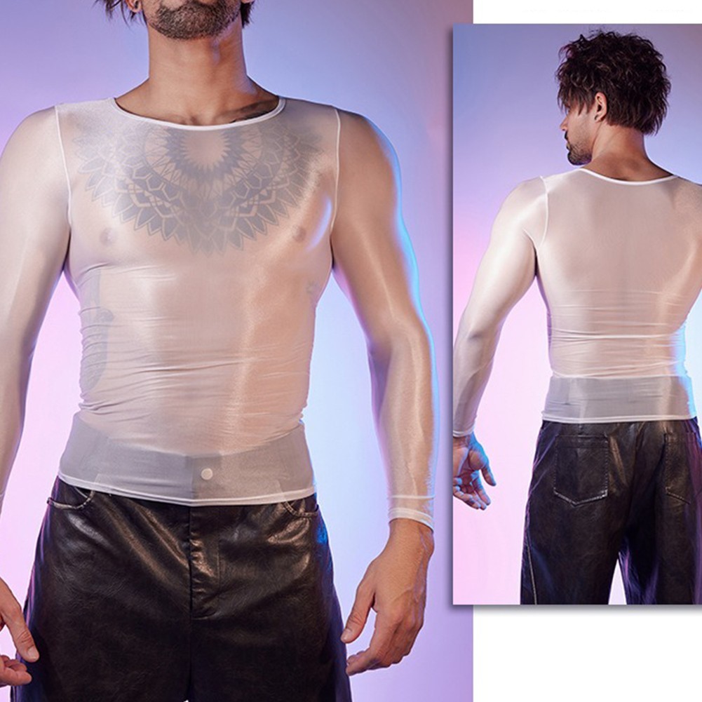 Men’s Oil Shiny See Through Long Sleeve Sheer Tights Top Sexy Lingerie Shirt