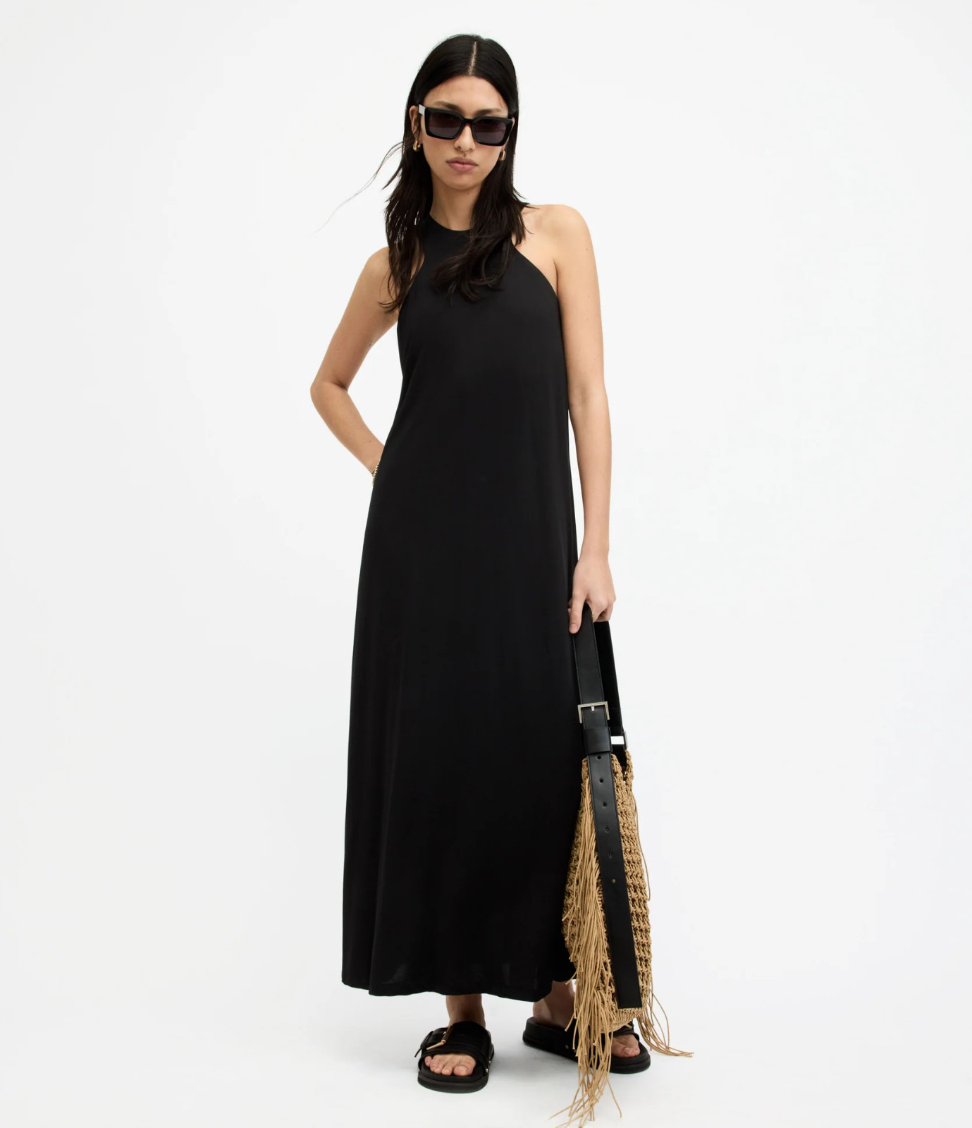 All Saints Womens Black Kura Maxi Dress Designer Viscose Regular Fit Stretch
