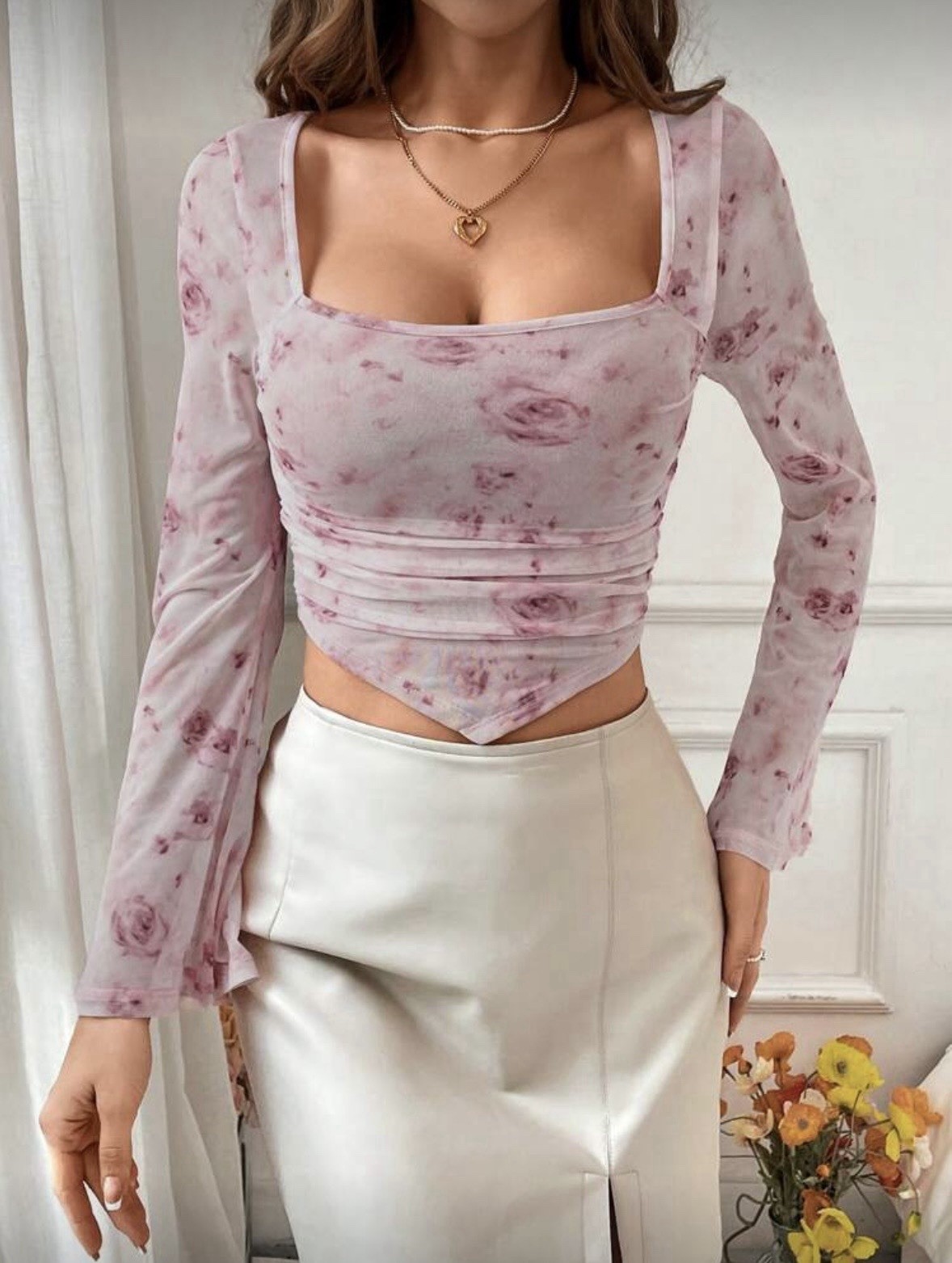 Elegant Flower Print Square Neck Flare Sleeve Ruffle Hem Handkerchief T-Shirt